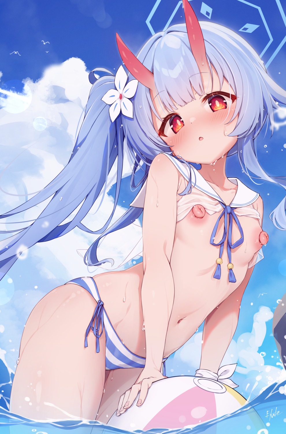 E Note Blue Archive Waraku Chise Bikini Breasts Halo Horns Loli Nipples